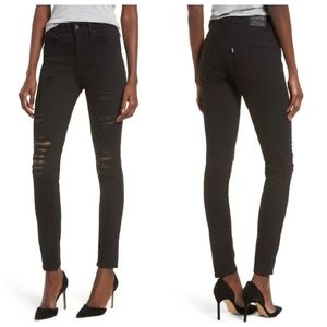 Levis 721 High Rise Skinny Black Ripped Distressed